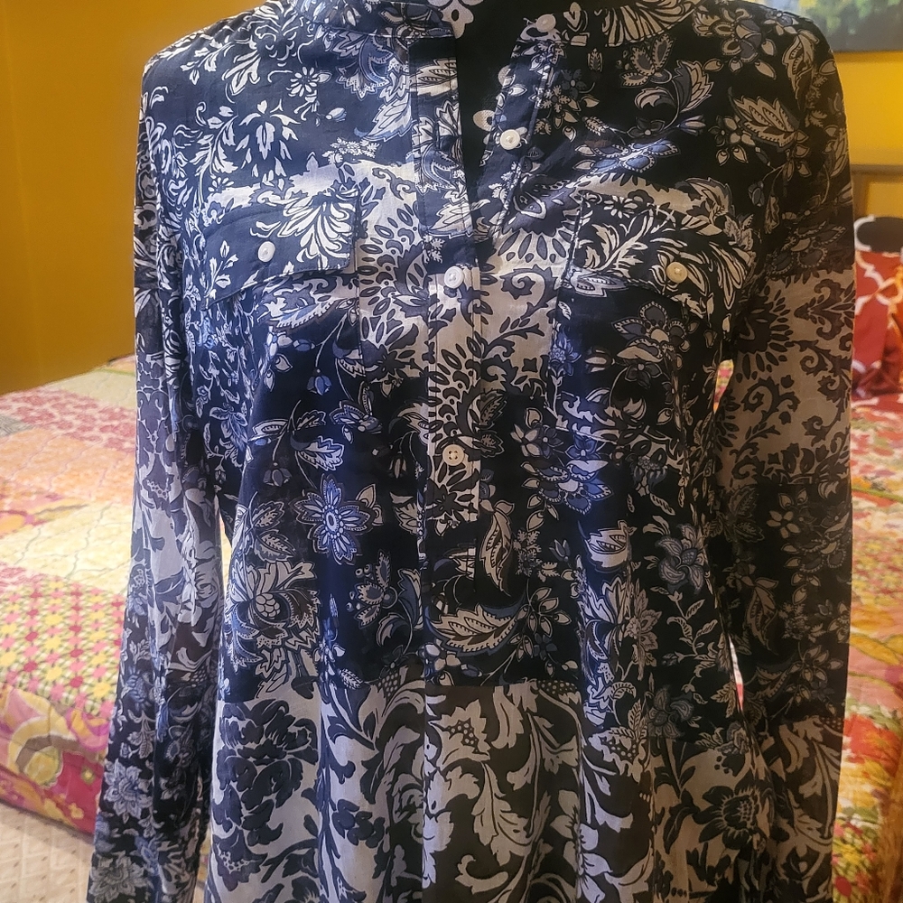 Loft button front blue Paisley design long sleeve shirt